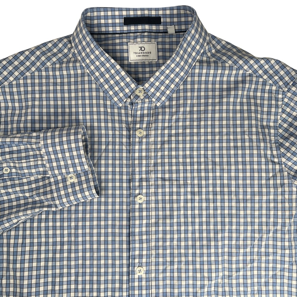7 Diamonds Mens XXL Blue Gingham 4-Way Stretch Long Sleeve Button Down Shirt